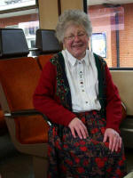 Gertrud on the train ride back (3:37 - 7:38 p.m.) from Wissembourg, France. The town commands the defile � a narrow pass or gorge � between the Vosges mountains and the Alsacian Rhine plain.