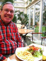 Joe's superb cheese Sp�tzele lunch at the Cafe Schafheutle, "the sweet heart of Heidelberg," after we came in to eat a second time, with the appetite of a lion (traditional symbol of the "Kurpfalz", Palatinate).
